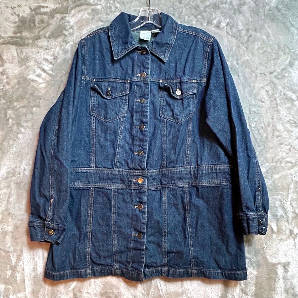 Roamans Womens Blue Denim Jacket Size 12W Long Sleeve Button Up Cinched Waist